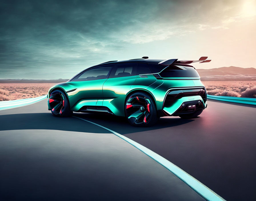 Futuristic teal car with bold red accents on desolate road with dramatic sky