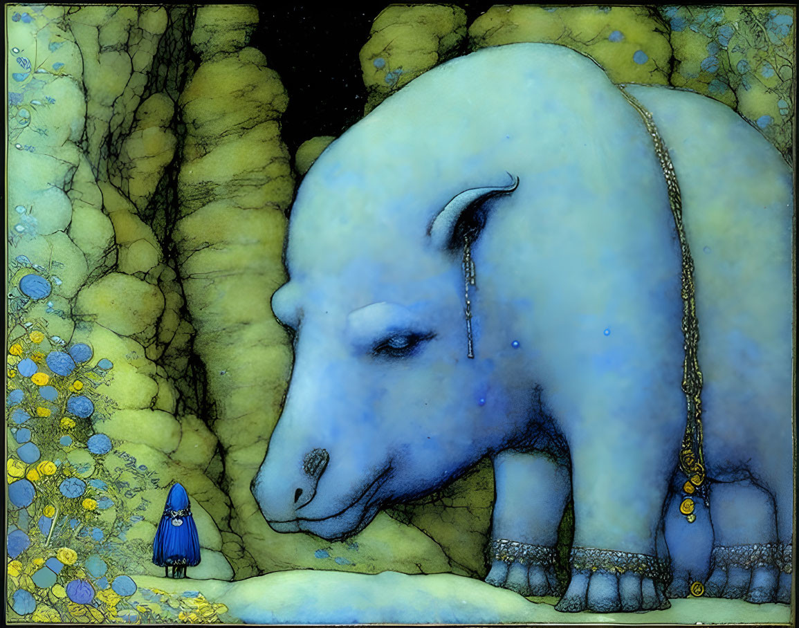 Mystical forest scene: small figure in blue cloak meets serene blue bear with golden accents
