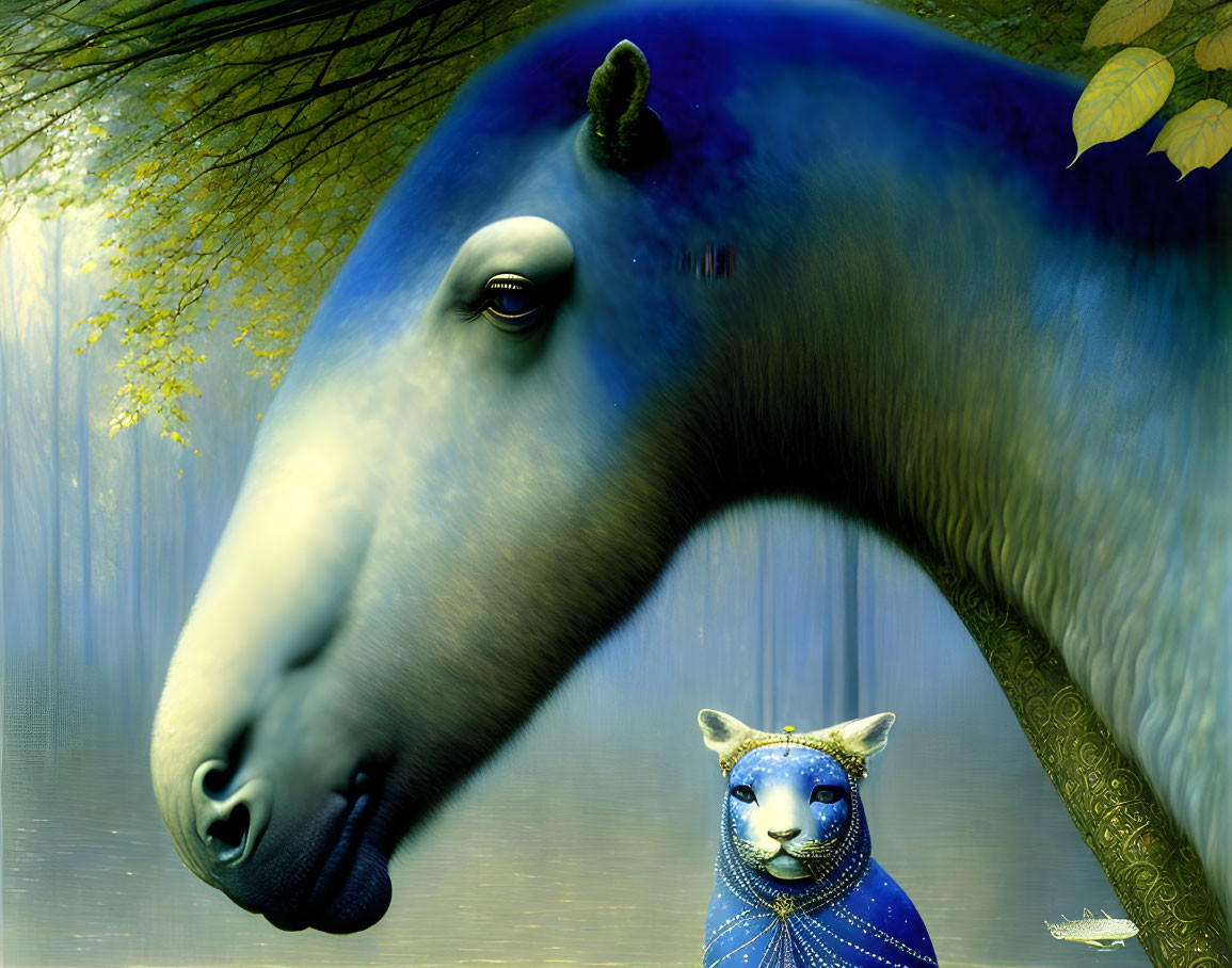 Surreal artwork: Horse-leopard hybrid with human features in mystical forest