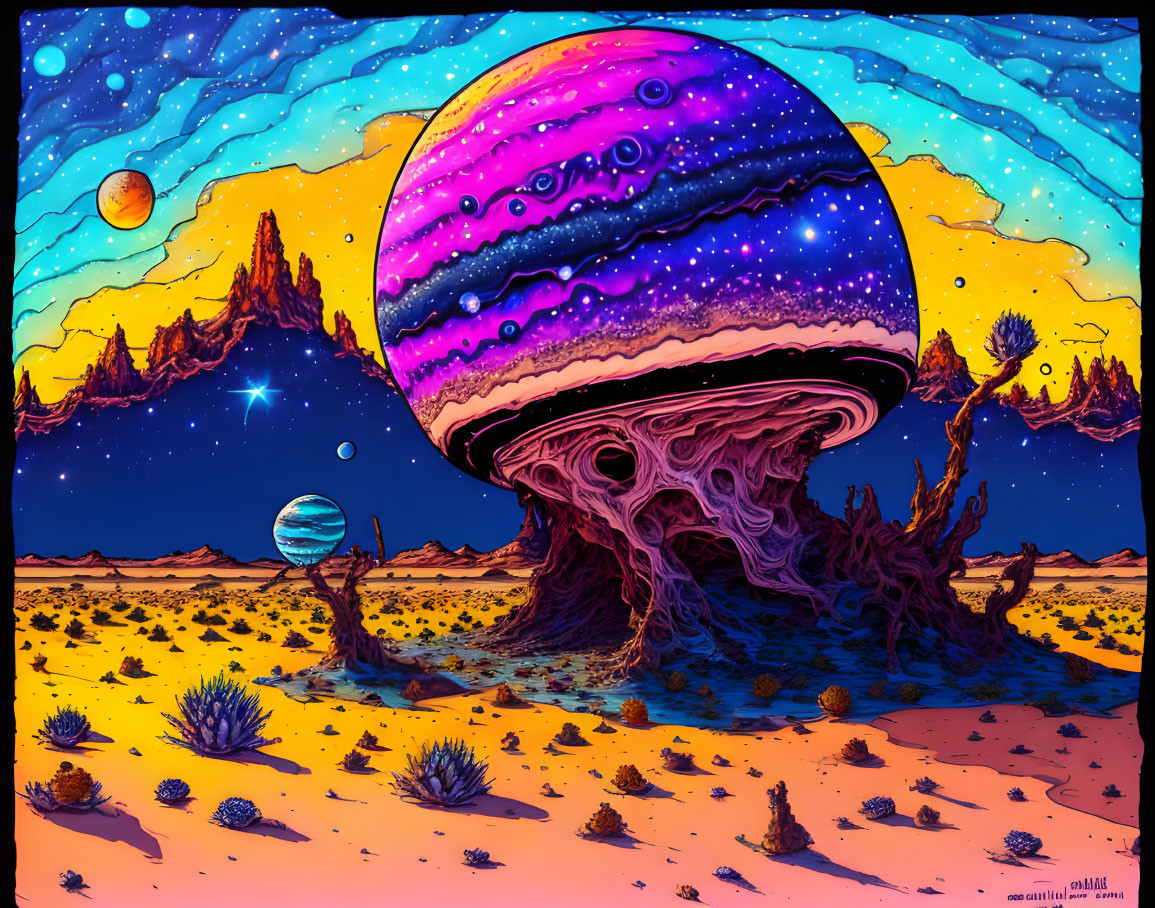 Colorful Alien Desert Landscape with Fantastical Planet Sky