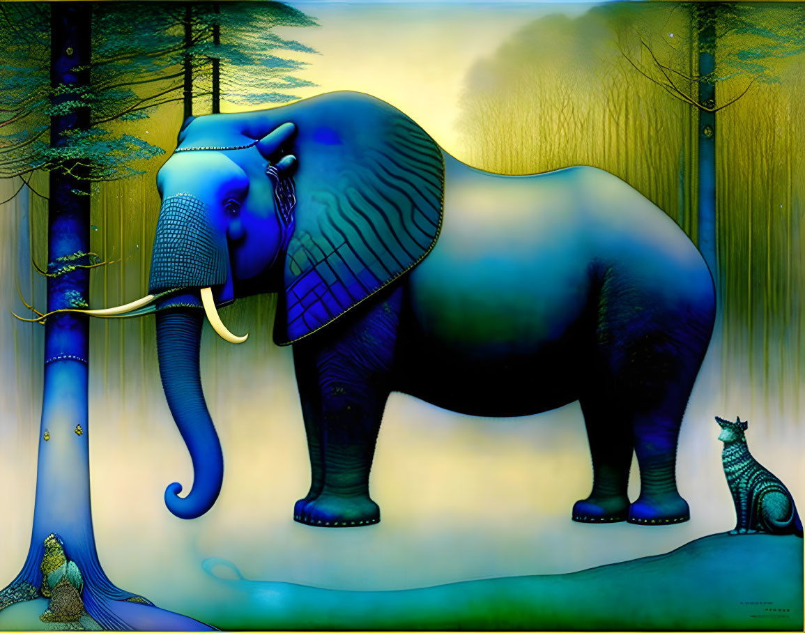 Colorful Artwork: Blue Elephant and Cat in Mystical Forest