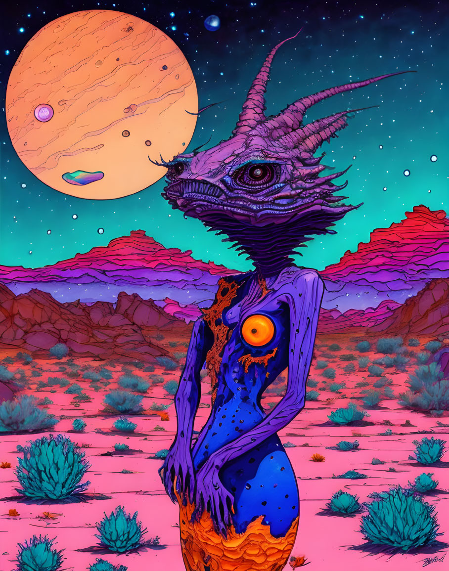 Colorful surreal alien creature in cosmic desert with oversized moons