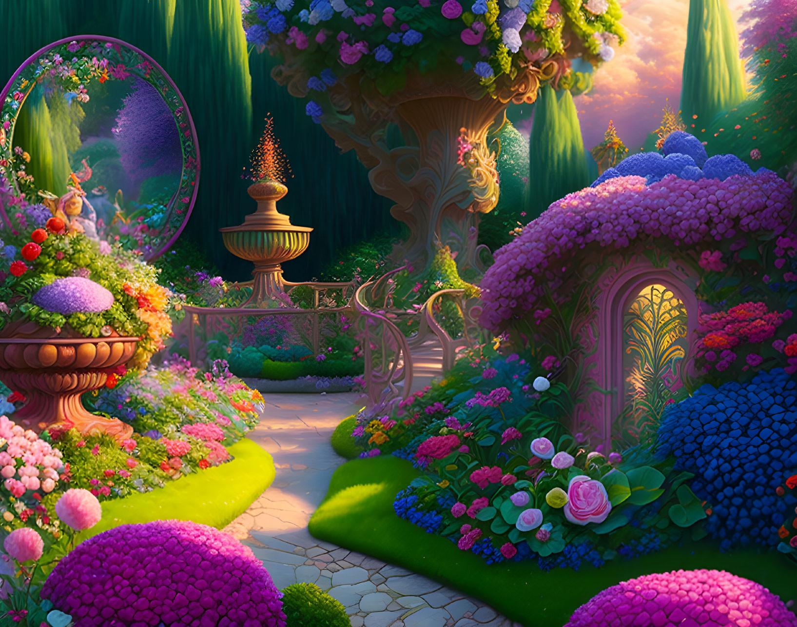 Colorful garden with lush flowers and ornate structures