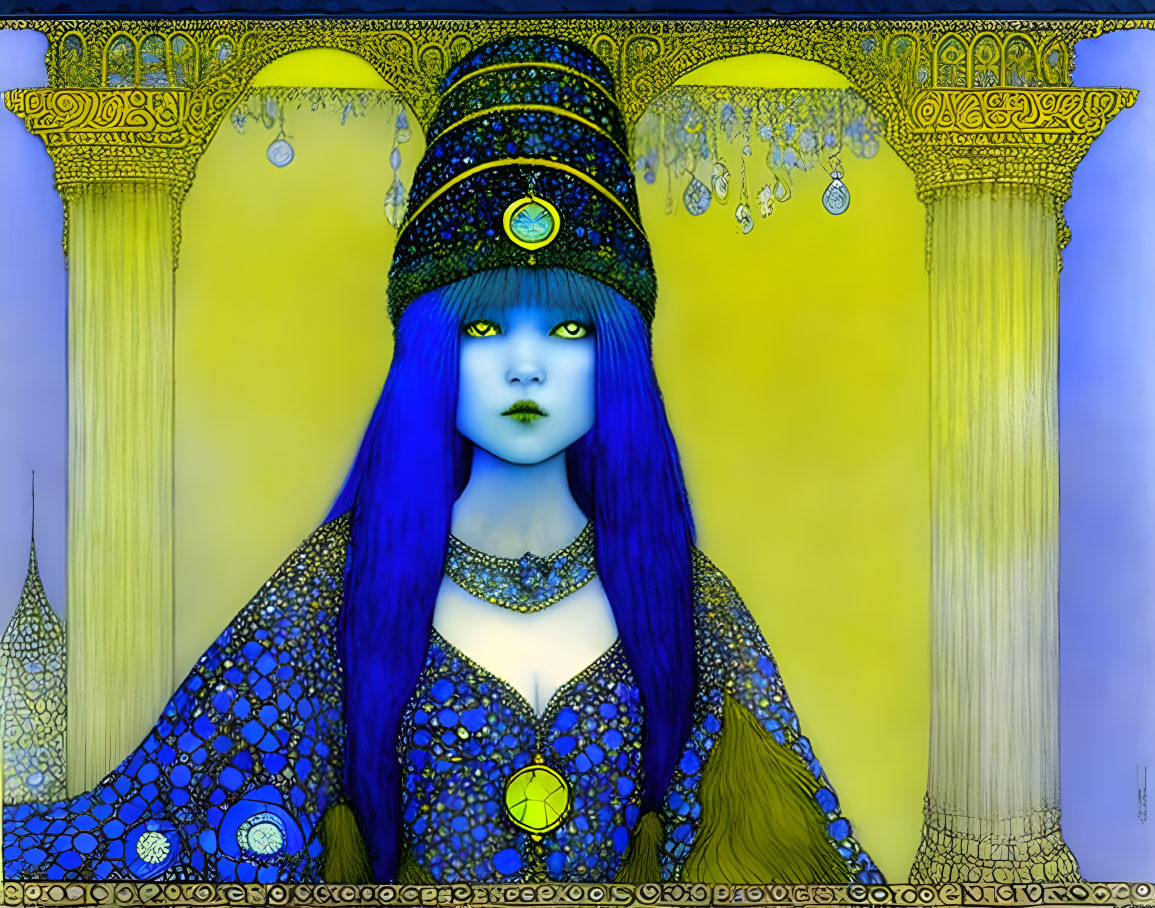 Illustrated woman with blue skin and ornate headgear among yellow pillars