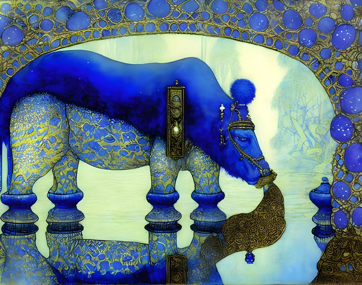 Blue and Gold Art Piece of Majestic Horse with Intricate Detailing