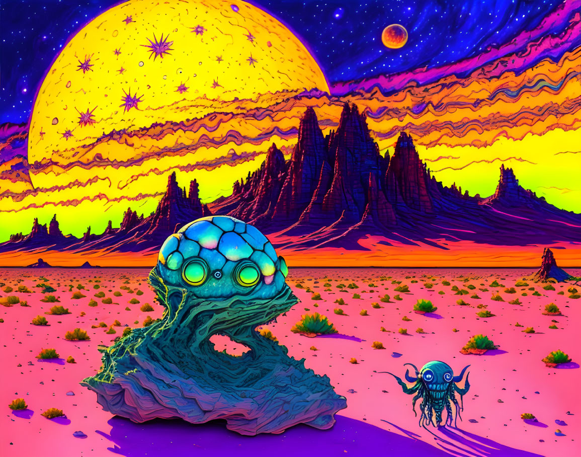 Colorful alien landscape with yellow moon, purple skies, jellyfish creature & rocky formations