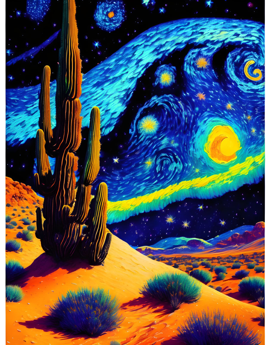Colorful desert landscape with cactus under starry night sky