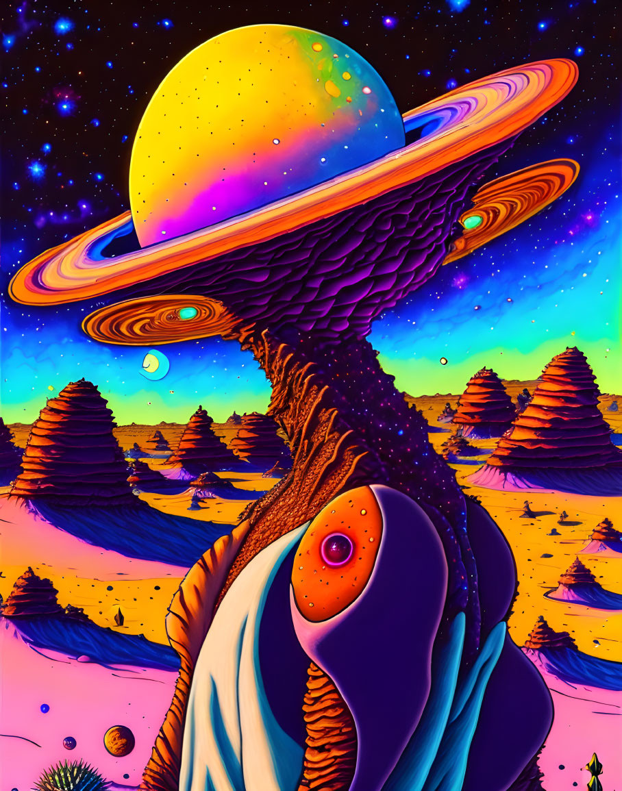 Colorful Psychedelic Artwork: Towering Landscape with Ringed Planet