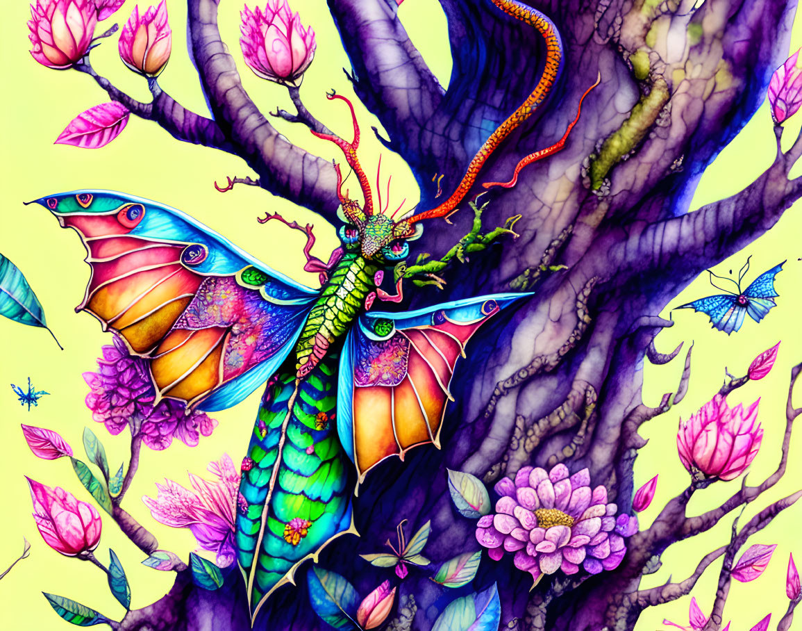 Colorful Dragon with Butterfly Wings on Tree in Nature Scene