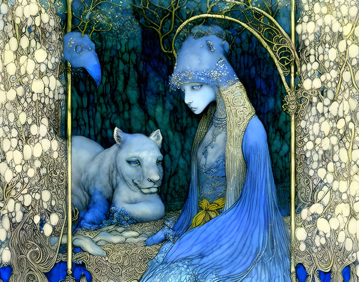 Ethereal woman in blue with white lion in fantastical forest setting