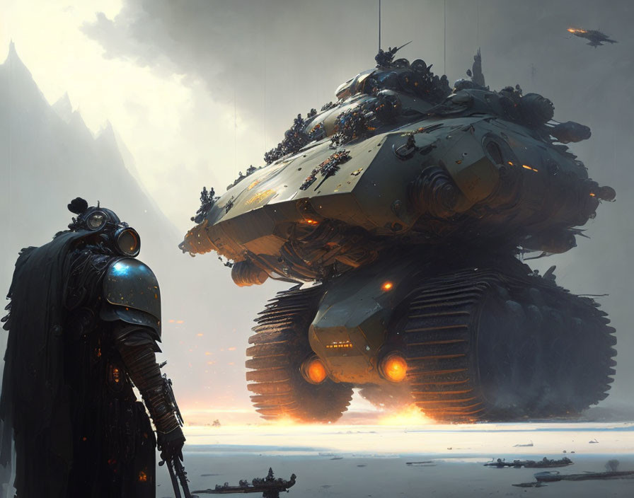Futuristic suit person and hovering armored vehicle on mountain backdrop