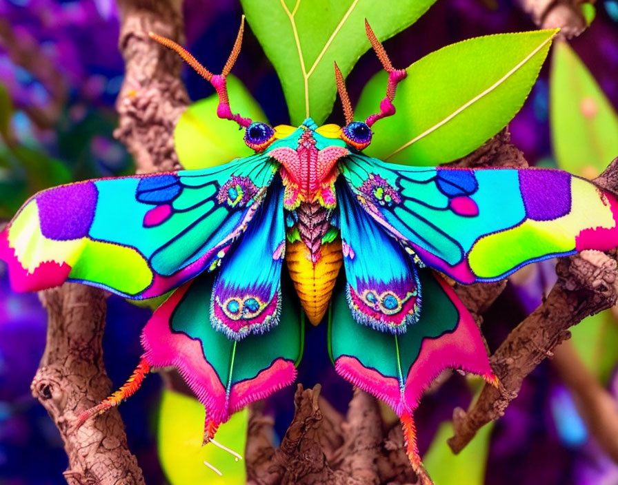 Colorful Butterfly Artwork with Intricate Patterns on Plant Against Purple Background