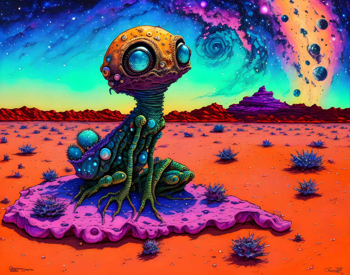 Colorful alien landscape with creature and planets in orange sky