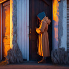 Person in cloak and gown standing at wooden door of white house in warm sunset light