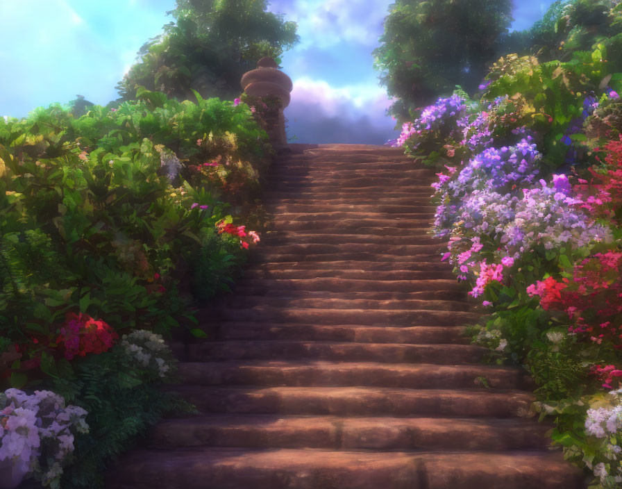 Stone Staircase Surrounded by Lush Flowers and Greenery