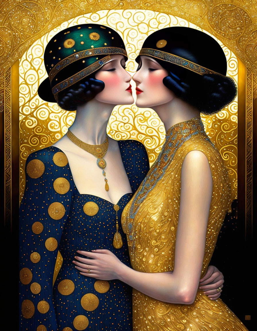 Art Deco style image: Two women in ornate gold and blue attire embrace against golden backdrop