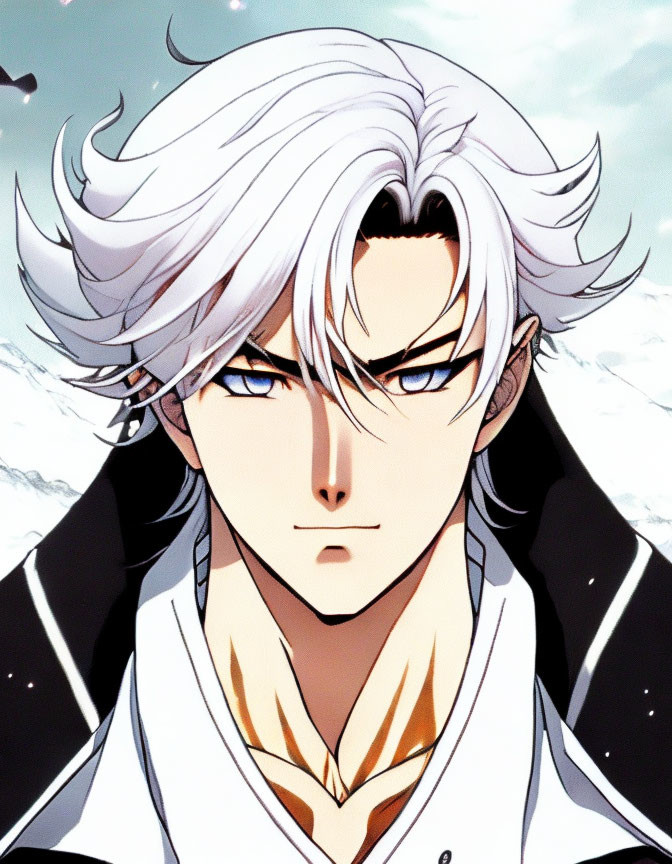 Character with White Hair and Blue Eyes in Black and White Outfit on Cloudy Sky Background
