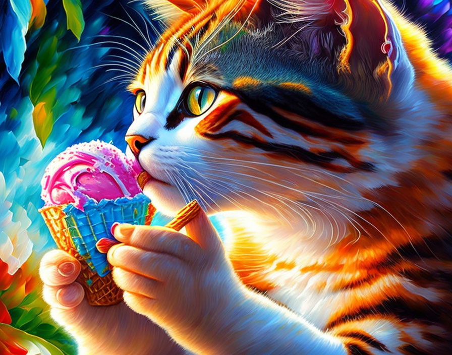 Colorful Cat with Pink Ice Cream Cone in Whimsical Setting