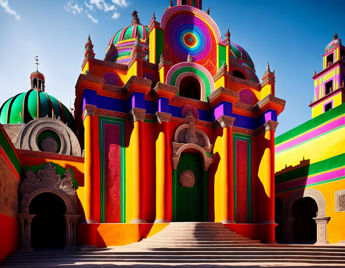 Colorful Cathedral with Multiple Domes and Intricate Patterns
