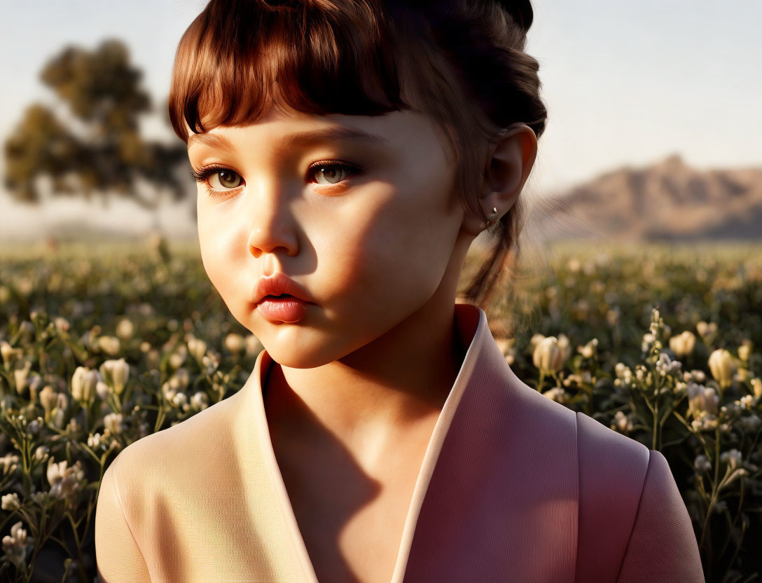 Digital art: Young girl in traditional outfit, thoughtful expression, in flower field at golden hour