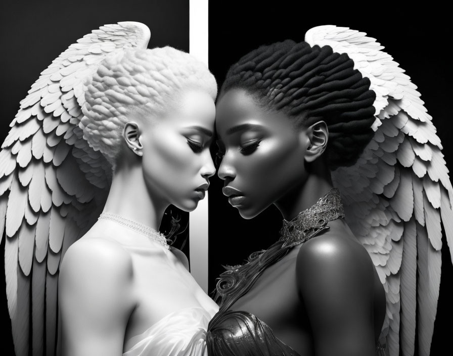 Women with White and Black Angel Wings in Split Background