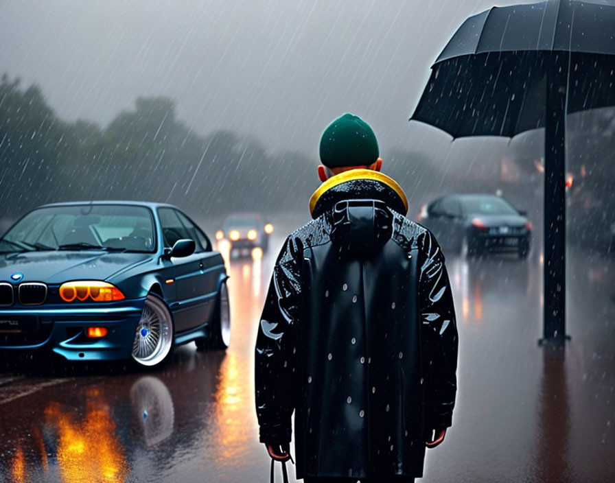 Person with umbrella on wet road in heavy rain with classic car and glowing traffic lights