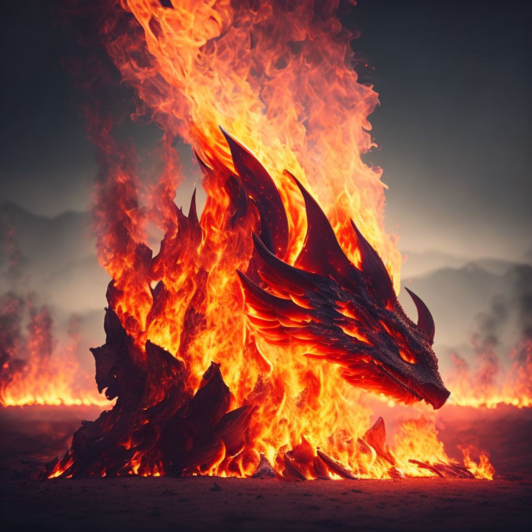 Fiery dragon engulfed in flames on smoky background