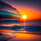 Surreal landscape with reflective surfaces and circular portal under vibrant sunset sky