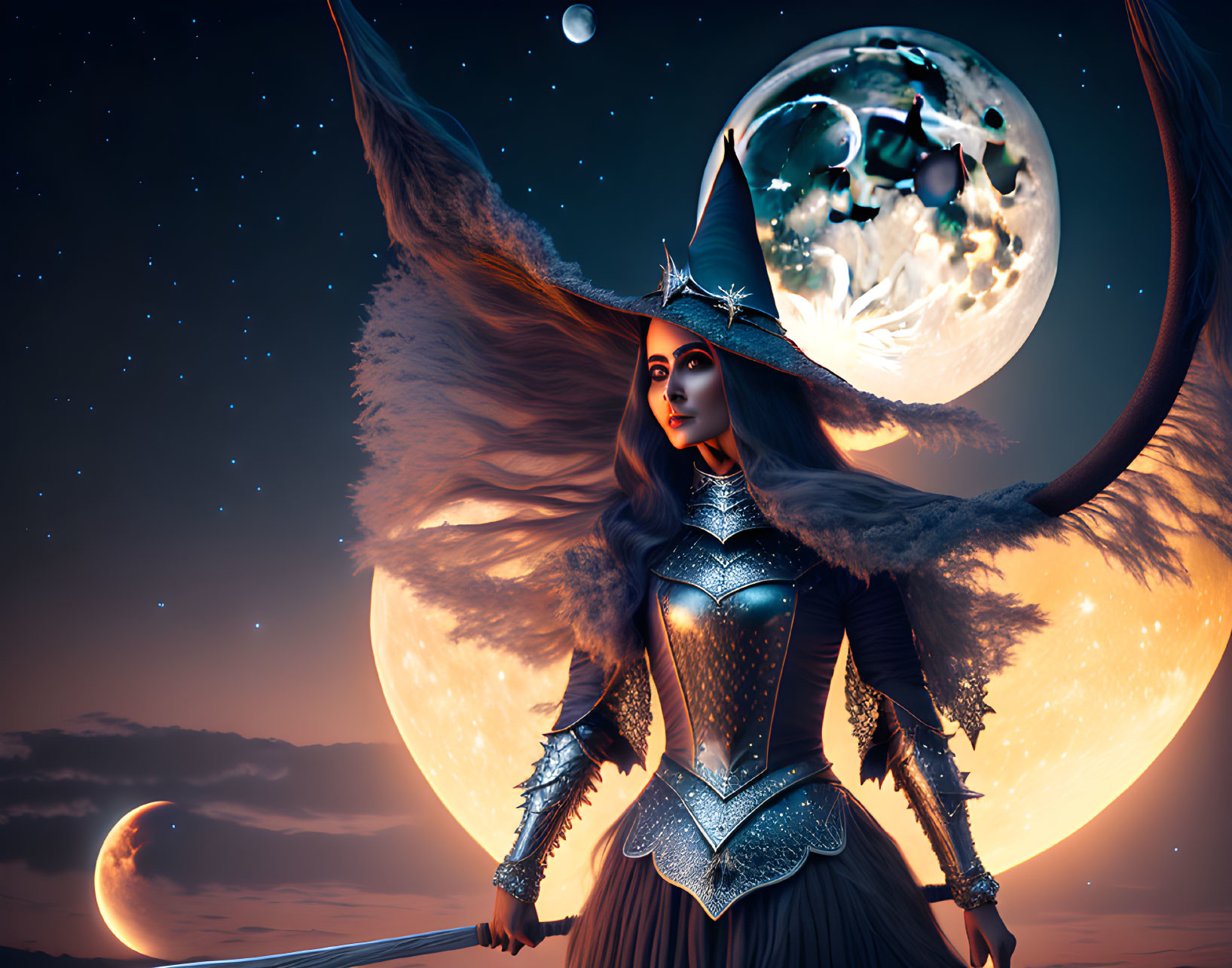Fantastical warrior woman in elaborate costume with sword under surreal moons