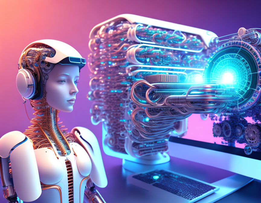 Futuristic humanoid robot with glowing neon lights and advanced computer system