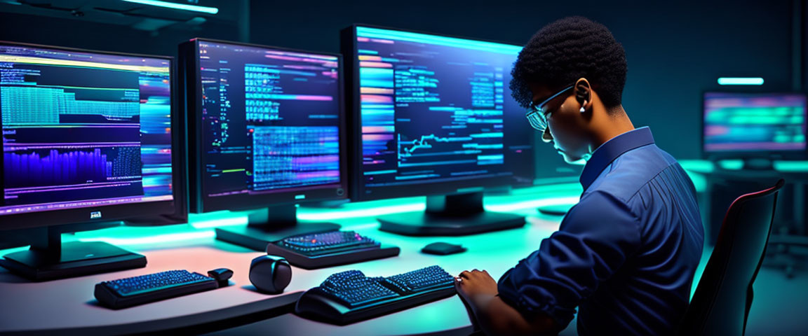 Person with glasses analyzes data on multiple computer monitors in dark room