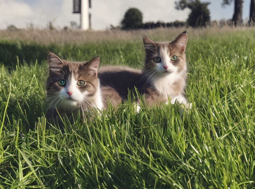 Two cats with matching markings in grass near white lighthouse