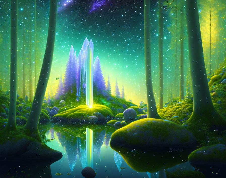 Enchanted Night Forest with Glowing Flora, Crystal Pond, and Starry Sky