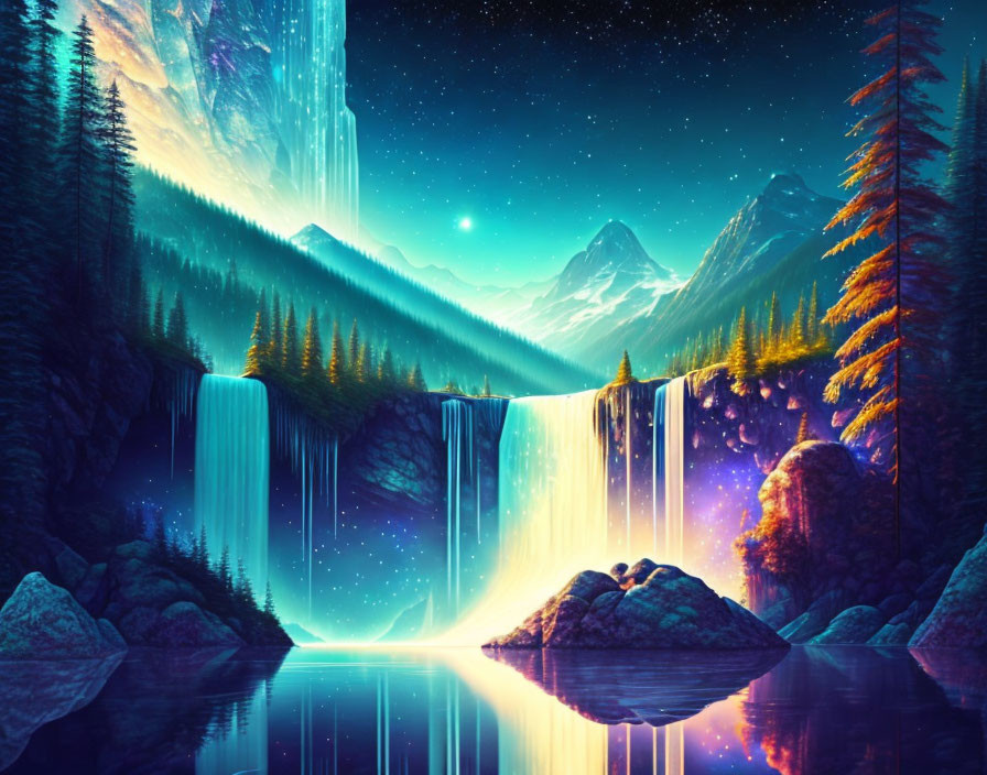 Digital artwork of fantastical landscape with waterfalls, pine trees, mountains, and starry sky.