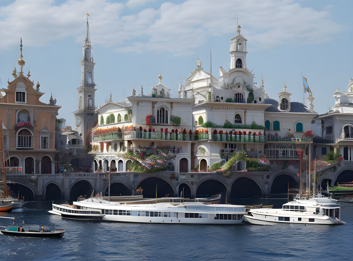 Opulent waterfront scene with white yachts and Venetian-style architecture