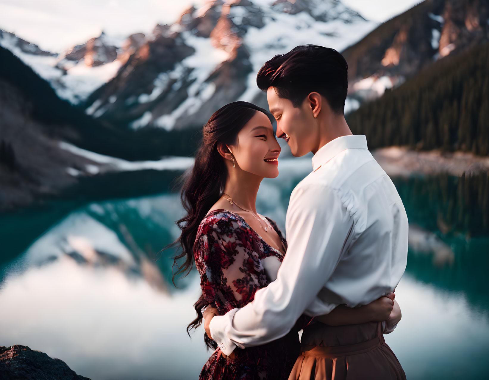 Couple embracing by serene mountain lake at dusk