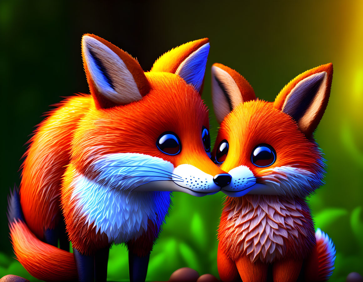 Vividly colored animated foxes nuzzling closely