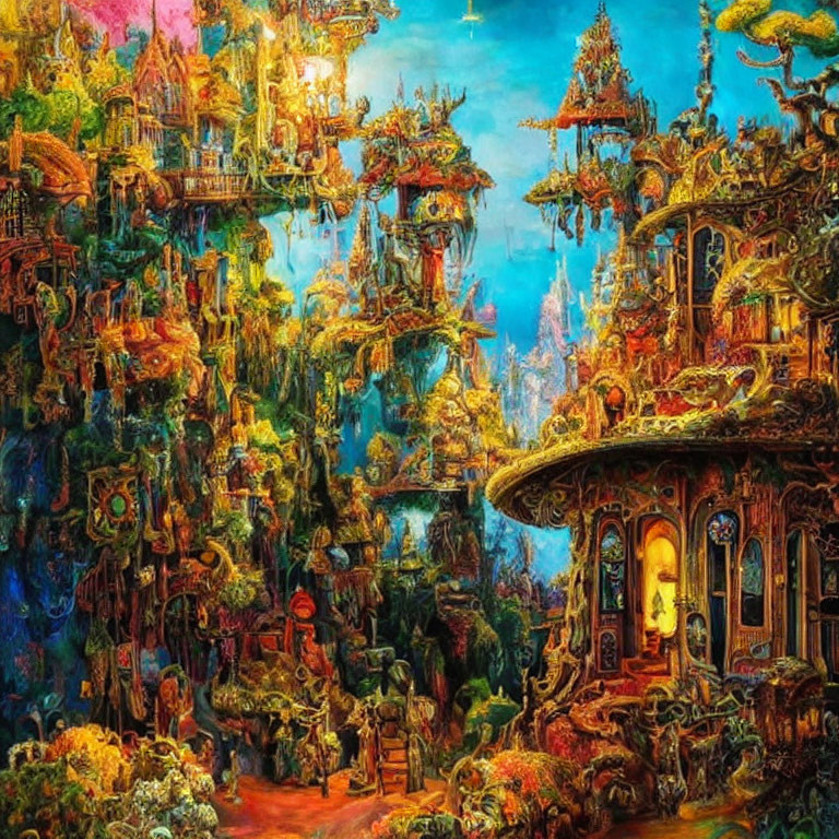 Fantasy artwork: intricate tree houses, lush vegetation, waterfall in warm light