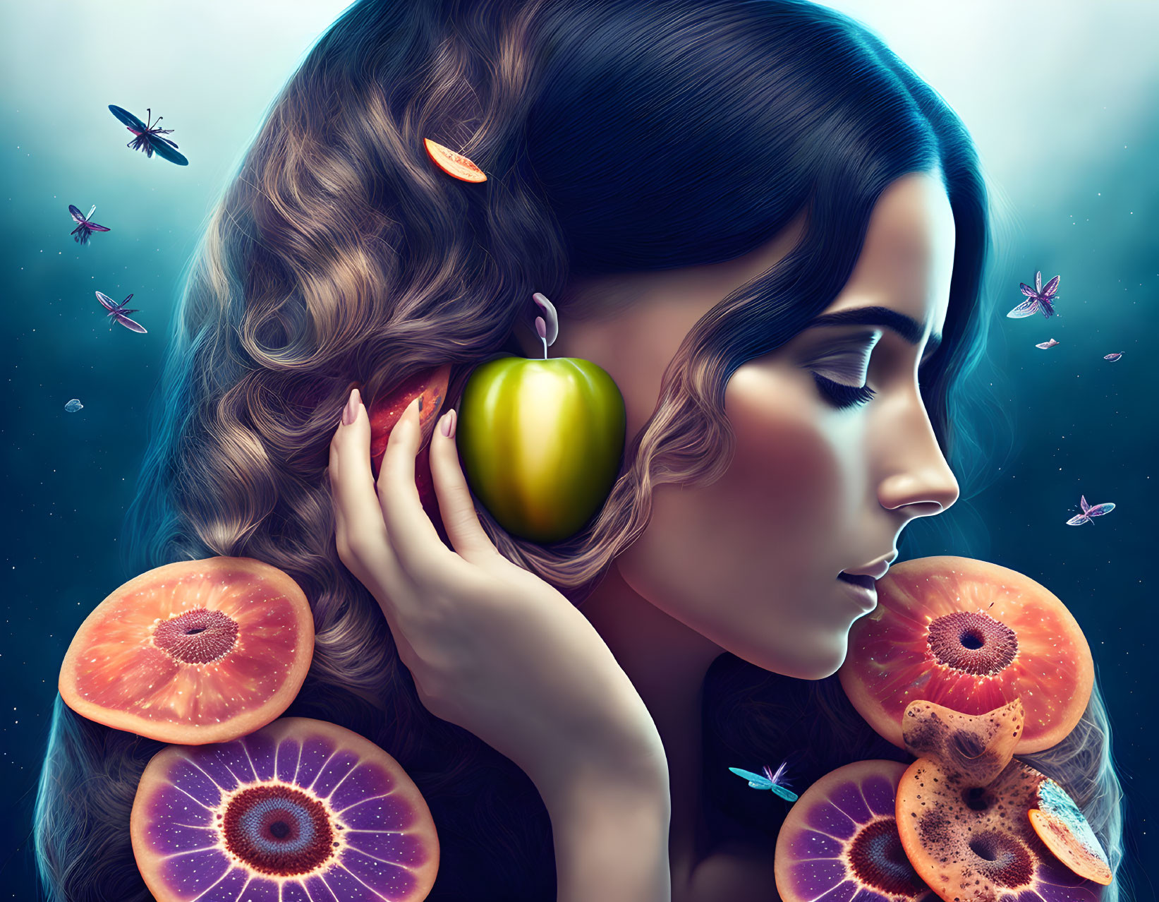 Surreal portrait of woman with vibrant fruit and insects on cosmic blue backdrop