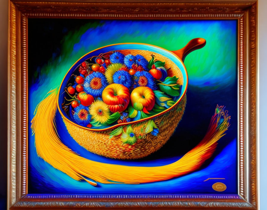 Colorful Fruit Basket Painting in Textured Frame and Blue Background
