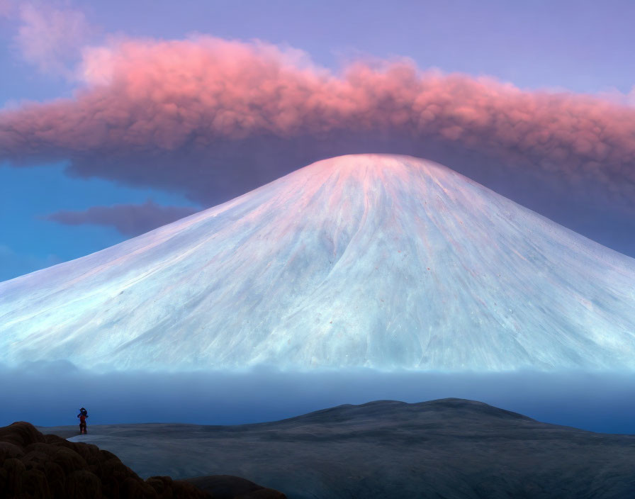 Person admiring snow-covered mountain under dusky sky with pink clouds