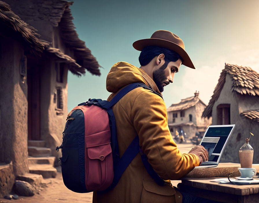Bearded man in hat and yellow coat using laptop in rustic village cafe