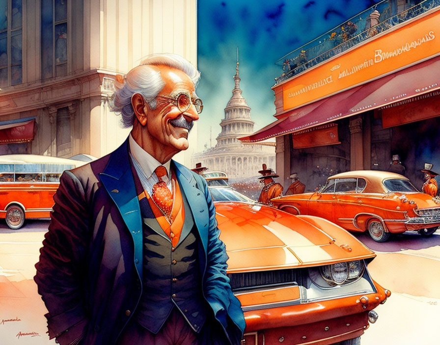 Elderly man in colorful suit with vintage cars and Capitol building in background