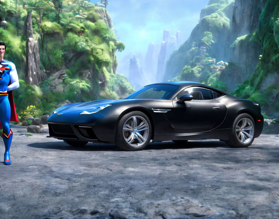 Black Sports Car with Cartoon Superhero by Lush Green Cliffs