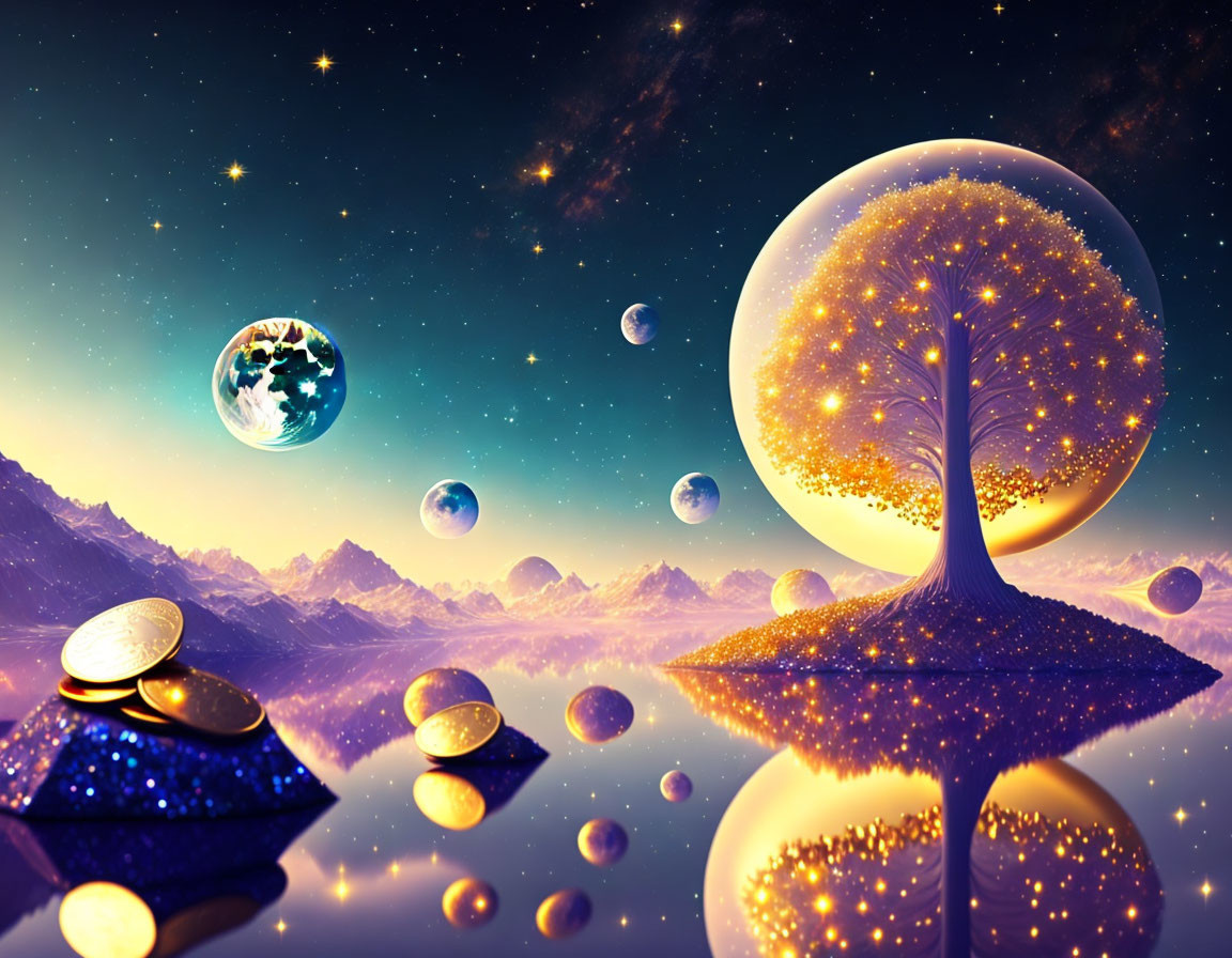 Fantastical landscape with luminous tree, glowing orbs, reflective water, mountains, and starry