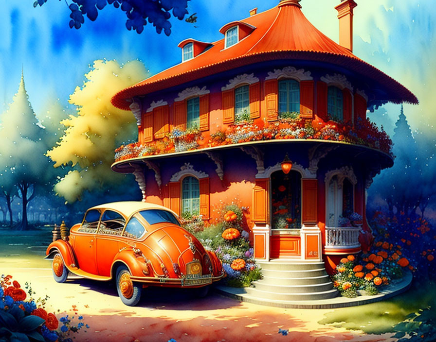 Colorful illustration of idyllic two-story house with red roof, lush surroundings, and classic orange