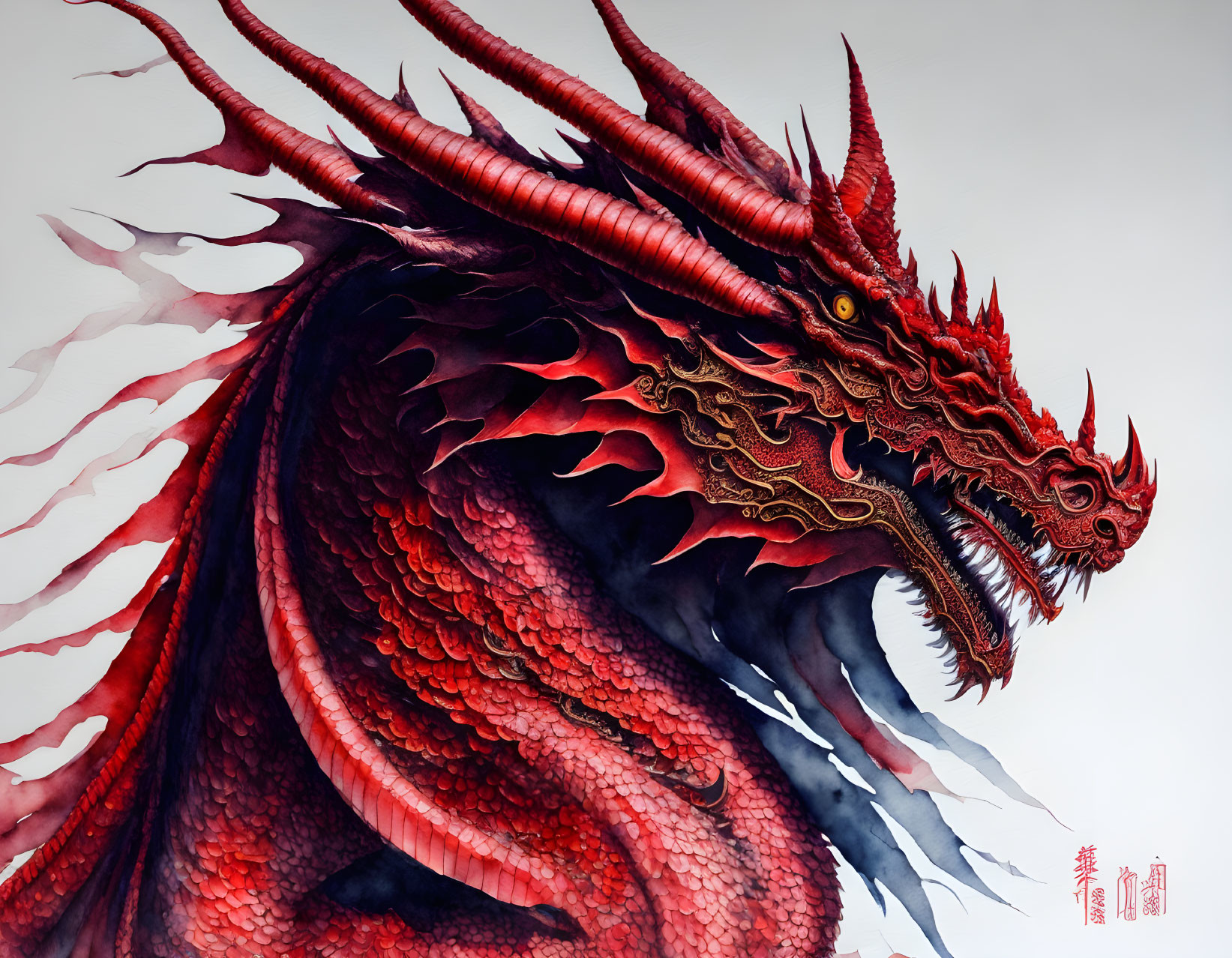 Red Dragon Illustration with Elaborate Horns and Scales