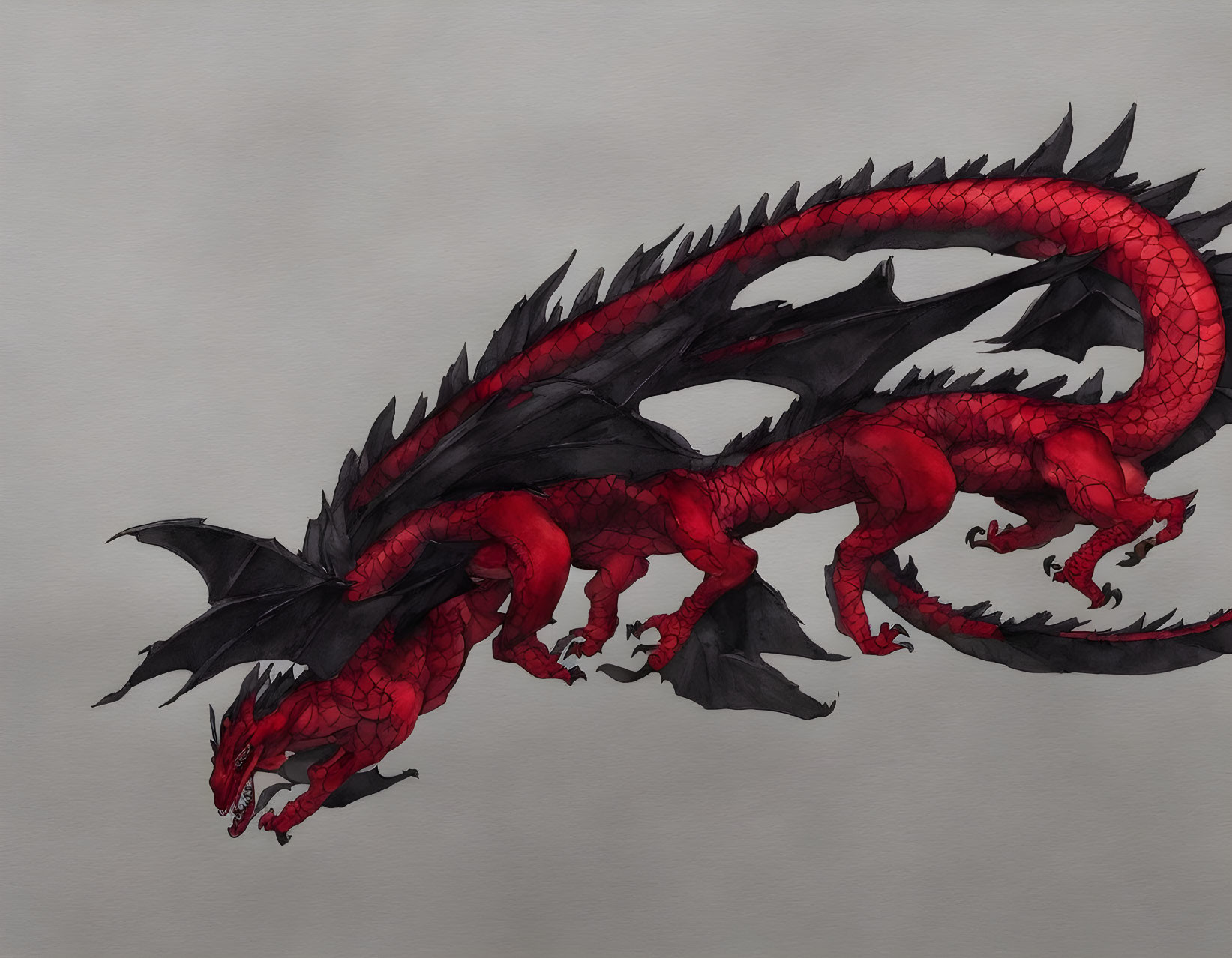 Detailed Illustration of Three-Headed Red Dragon with Black Wings