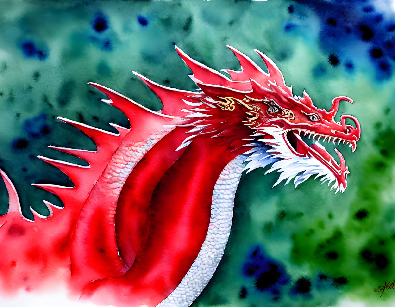 Detailed illustration of red dragon with fiery mane and intricate scales on mottled background