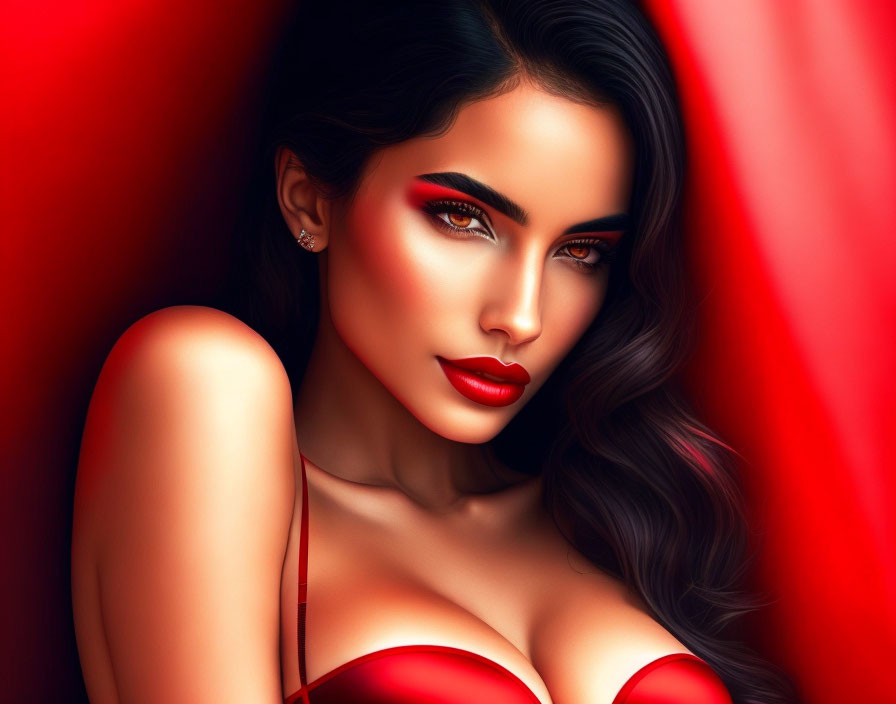 Woman with Striking Red Makeup and Dress Against Red Backdrop